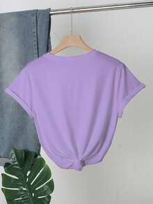 Maglietta in seta a girocollo casual con maniche corte da donna - Viola - Visualizzare 2