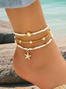 3pcs Women's Simple White Bead Pearl, Golden Starfish & Shell Anklet, Suitable For Everyday Wear And Vacation Travel