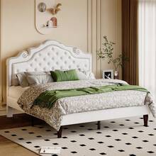 Estructura de cama tamaño completo con cabecero de terciopelo ajustable tipo tiara, cama de plataforma tapizada con botones de diamante acolchados, soportada por listones de madera, sin necesidad de caja de resortes, color blanco - Blanco - Ver 11