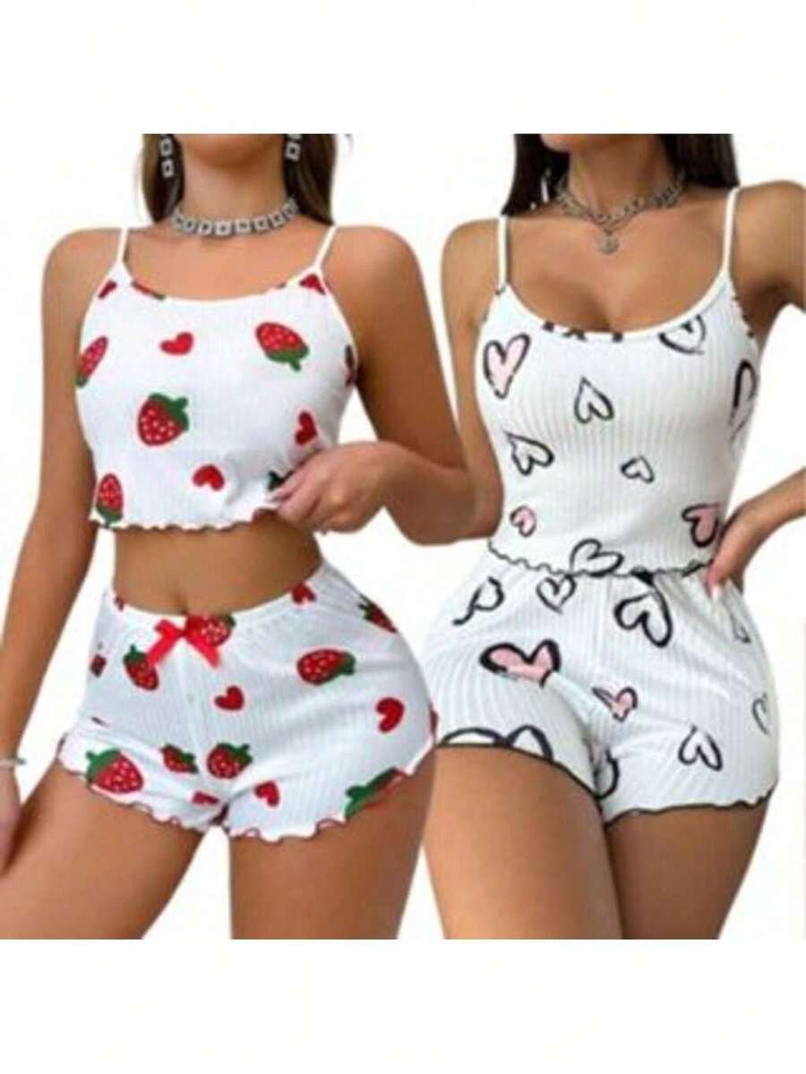 Kit 2 Baby Dolls For Women – Ribbed Summer Short Doll Pajamas With Print, Comfortable Blogger Nightwear. - 紅白色 - 查看 1
