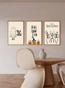 3pcs Halloween Canvas Wall Arts Set - Vibrant Skull & Pumpkin Prints , Frameless Polyester Posters, Perfect For Living Room, Bedroom, Hallway Decor, Halloween Decorations, Perfect For Fall Room Decor Home Decor Fall Decor