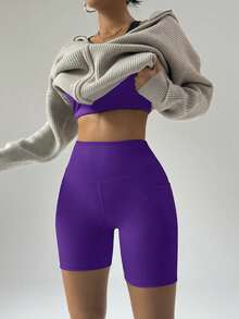 FWH 女士时尚弹力休闲优雅运动健身短裤 - 春夏百搭复古简约修身高腰舒适跑步街头风百搭款（带口袋/性感蜜桃提臀瑜伽短裤） - Bold Plum - 查看 4