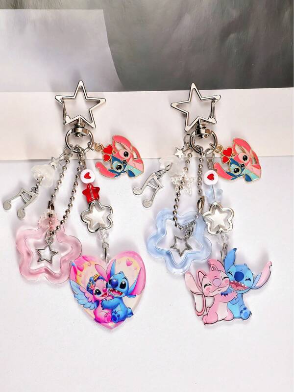Disney 2pcs Blue & Pink Stitch Keychains | Acrylic & Metal Hybrid Material | Y2K Sweet Style | Bestie Couples Accessory | Backpack Hanging Keychain