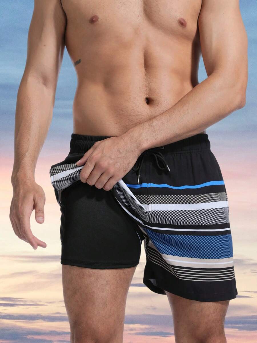 MADHERO Men's Striped Beach Swim Trunks With Compression Lining, 2-In-1 Quick Dry Swimwear - Black - View 1
