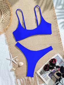 女士性感纯色抹胸比基尼两件套泳衣，三角泳裤，细肩带，后背系带，适合夏季游泳和海滩度假 - 寶藍色 - 查看 6