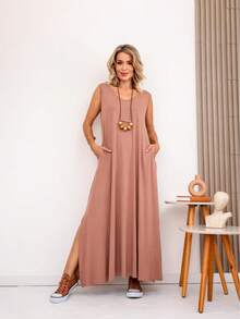 Women's Long Dress With Side Slit Plus Size - 米色 - 查看 3