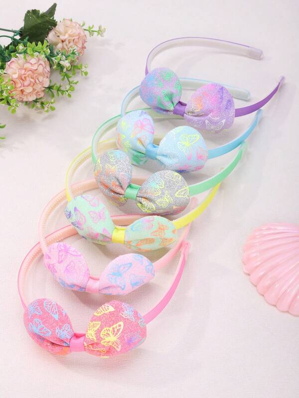 6pcs Glittery Butterfly Printed Bow Headband For Women, Sweet & Cute Daily Accessories