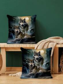 Fronha com design contemporâneo de lobo, 2 peças, fibra de poliéster, impressão unilateral, capa de almofada decorativa para sofá, decoração para casa, tema animal, estilo retrô, padrão geométrico, sala de estar, fecho de zíper, limpeza parcial sem núcleo de travesseiro