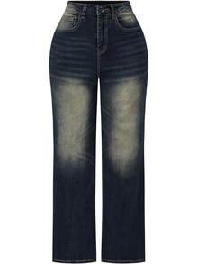 THUNDER Womens High Waisted Wide Leg Jeans Stretchy Distressed Pants - D Blue - View 1