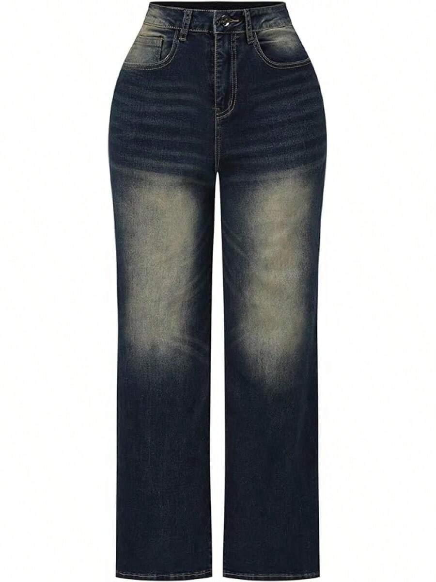 THUNDER Womens High Waisted Wide Leg Jeans Stretchy Distressed Pants - D Blue - View 1