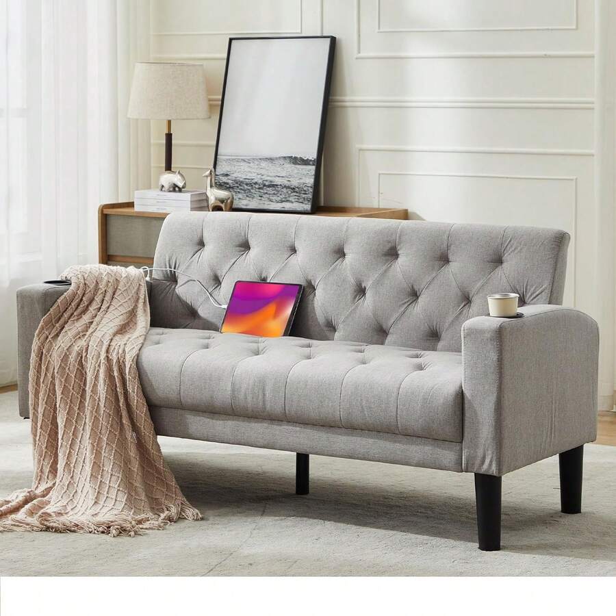 TYBOATLE 62" Wide Loveseat With 2 USB Charging Ports & 2 Cup Holders - 淺灰色 - 查看 1