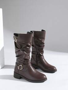 Women's Vintage British Style Brown Zipper Ankle Boots, Classic Comfort Fit, PU Leather Easy Maintenance, Insulated Lining, Versatile Foldover Calf Length Riding Boots, Ideal For Winter,Party