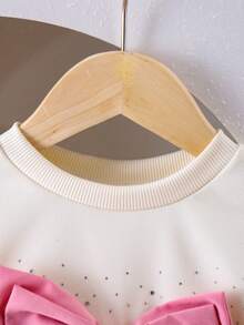 2pcs/Set Girls Stylish Cute Bow Rhinestone Long Sleeve Sweatshirt + Cake Skirt Outfit, Spring Autumn - Pink - View 8