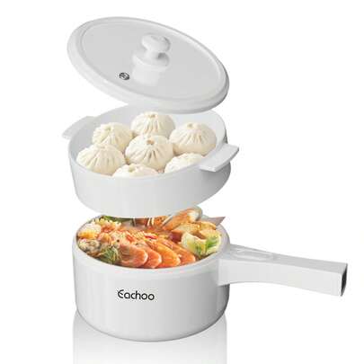 CACHOO Hot Pot Electric With Steamer, 50.72oz Non-Stick Saucepan, Versatile Electric Cooker For Noodles, Steaks, Eggs & Pasta, Dual Power Control, Quick-Cook Option, White