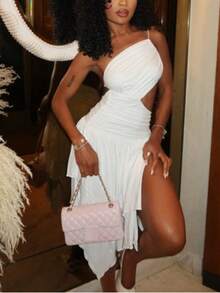 Elegant Women's Camisole Short Skirt - Asymmetrical Hem With Hollowed Out Pleats, Sleeveless Camisole Style, Semi Transparent High Elasticity Fabric, Suitable For Parties, Gatherings, Cocktail Parties, Dances, And New Year Celebrations - White - View 3