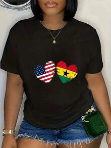 USA Ghana Flag Heart Valentines Day Ghanaian American T-Shirt Casual Short Sleeve Shirt  Graphic Tees Cute Summer Women Tops Puppy Kepp Black - 黑色 - 查看 1