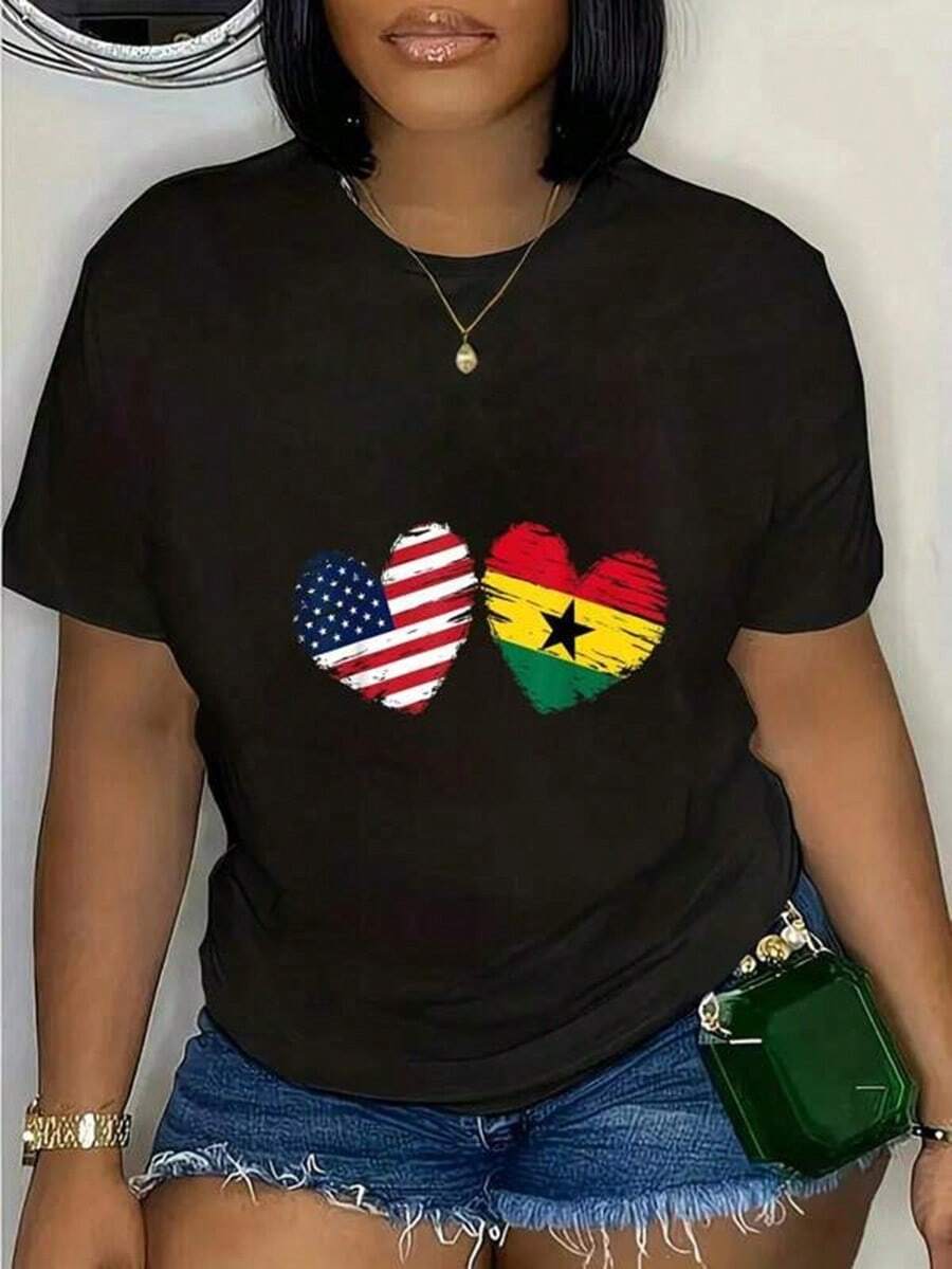 USA Ghana Flag Heart Valentines Day Ghanaian American T-Shirt Casual Short Sleeve Shirt Graphic Tees Cute Summer Women Tops Puppy Kepp Black - 黑色 - 查看 1