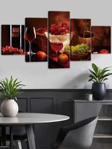 1/5 piezas, Exquisito cuadro de pintura de vino sobre lienzo con marco de madera, decoración de pared con pintura de vino y fruta, arte de pared con marco, gran regalo para amigos, decoración del hogar, para sala de estar, dormitorio, oficina, bar, restaurante, pintura impermeable y sin olor, marco impermeable de alta calidad, alta definición