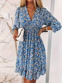 Chic Blue Floral Print Short Dress For Women, Boho Style With V-Neck, Long Flare Sleeves, Shirred Waist, And Ruffle Flared Hem - 藍色 - 查看 2