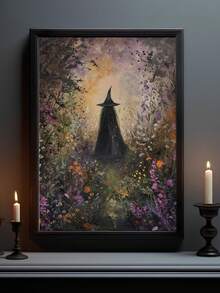 1pc, Canvas Decorative Painting With Framed Wall Mural Is, Vintage Witch Decoration, Halloween Decoration, Vintage Halloween Painting, Forest Botanical Floral Witch, Gothic Witch Decoration, Autumn Decorations, Halloween Home Decoration, For Room Decoration, Dormitory Decoration, Bathroom Decoration, Bedroom Decoration, Living Room Decoration, Halloween Gift Fall Decor