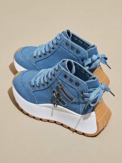 Women's White & Blue Casual Sneakers, 2025 Spring Summer Autumn New Outdoor Thick Sole Fashion Versatile Vacation Style Student Outdoor Hiking Non-Slip Skateboard Flat Shoes