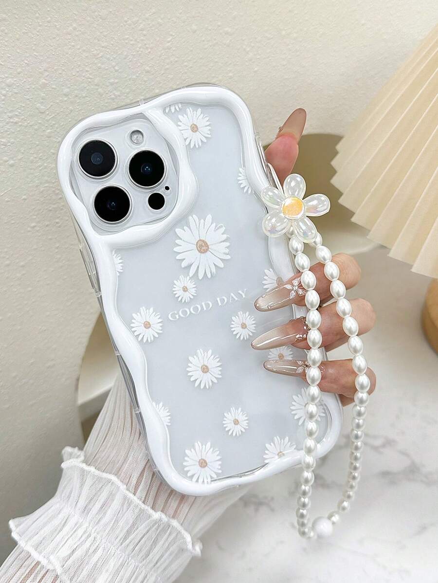 Flower Chrysanthemum Painted Cream Wavy Edge Bracelet Attached Phone Case Compatible With Iphone 14/14 Pro Max, IPhone 13/13 Pro Max, IPhone 12/12 Pro Max, IPhone 11/11 Pro/11 Pro Max, IPhone XS/XR/X/8/7, Galaxy S24/S25, A14/A15/A16/A26 Waterproof Shockproof Anti-Fall Scratch Resistant