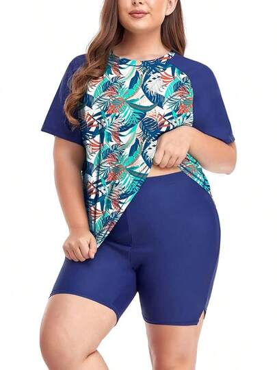 Plus Size 2-Piece Rash Guard Swimsuit With Boyshorts, UPF 50