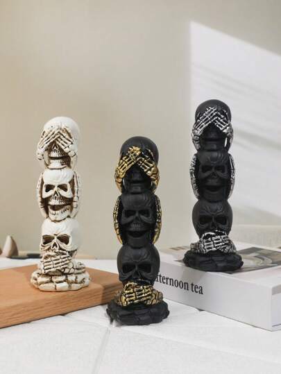 1 pièce Tête de mort Décoration d'Halloween, Résine << Ne rien entendre, ne rien voir, ne rien dire » Figurine Tête de fantôme