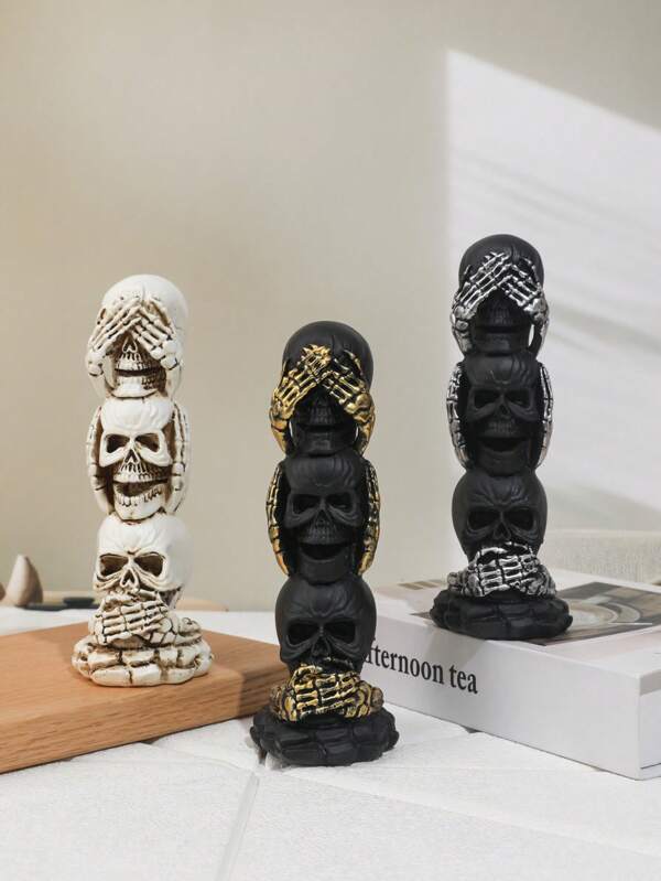 1pc Skull Head Halloween Decor Ornament, Resin "Hear No Evil, See No Evil, Speak No Evil" Ghost Head Figurine