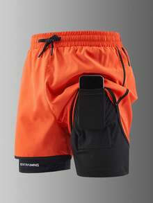 1 件男士户外运动跑步短裤，透气速干印花，适合春夏季户外跑步和健身 - 橘色 - 查看 2