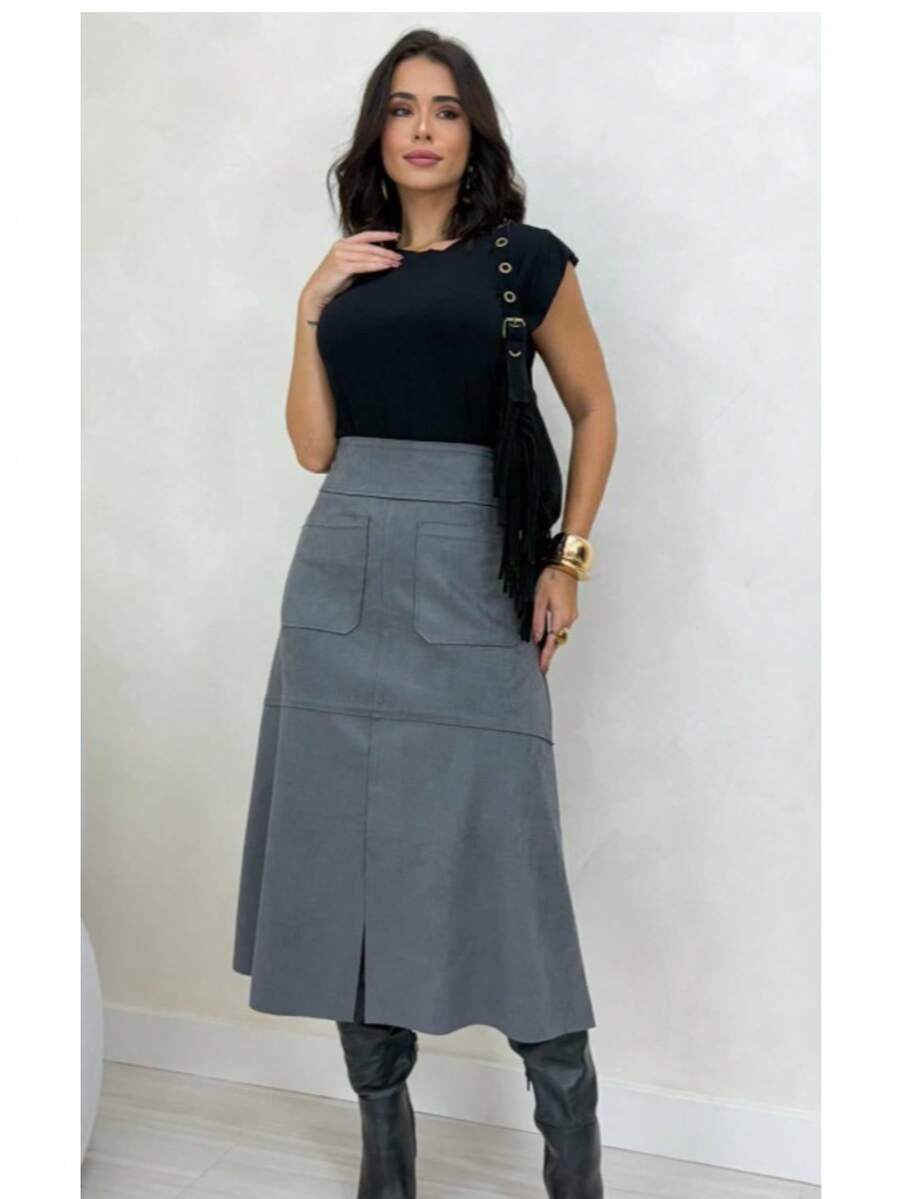 WOMEN'S SUEDE SKIRT WITH ZIPPER AND POCKET. STYLE AND ELEGANCE. - Grey - View 1