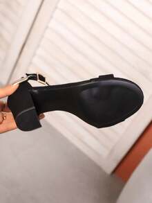 Teens' High Heel Sandals, Faux Suede Peep Toe Chunky Heel Sandals, Fashionable Strap Teens' Wide-Fit High Heel Sandals - Black - View 7