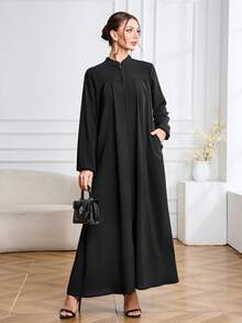 Arabic Style Women's Solid Color Zip-Up Collar Long Sleeve Dress Black Spring - Black - View 2