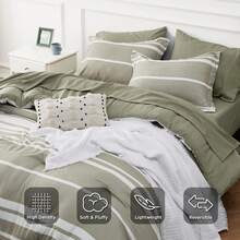 Queen Comforter Set 7 Pieces, Olive Green Striped Bedding Set For Queen Size Bed Reversible, Cationic Dyeing Bed In A Bag With Comforter, Sheets, Pillowcases & Shams - Green - View 5