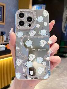 1pc Floral Painted, Rhinestone Adorable Cat Designed Luxury Bling Compatible With IPhone 11/12/13/14/15/16 Pro/Pro Max Phone Case