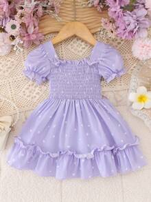 Baby Girls' Casual Square Neck Puff Sleeve Mini Dress, Spring/Summer Gift & Party - Purple - View 2