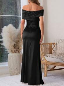 WOWDARK 夏季连衣裙，黑色露肩褶皱高开衩优雅派对连衣裙，适合情人节、约会、聚会、派对、旅行、度假、海滩等场合。 - 黑色 - 查看 6