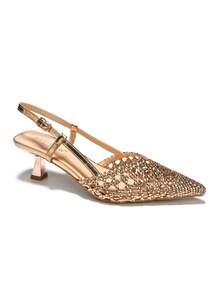 RevReaL Women's Woven Pointed Toe Slingback High Heels, Fashionable, Sexy, Cute With Rhinestones, Suitable For Vacation - Champagne - View 2
