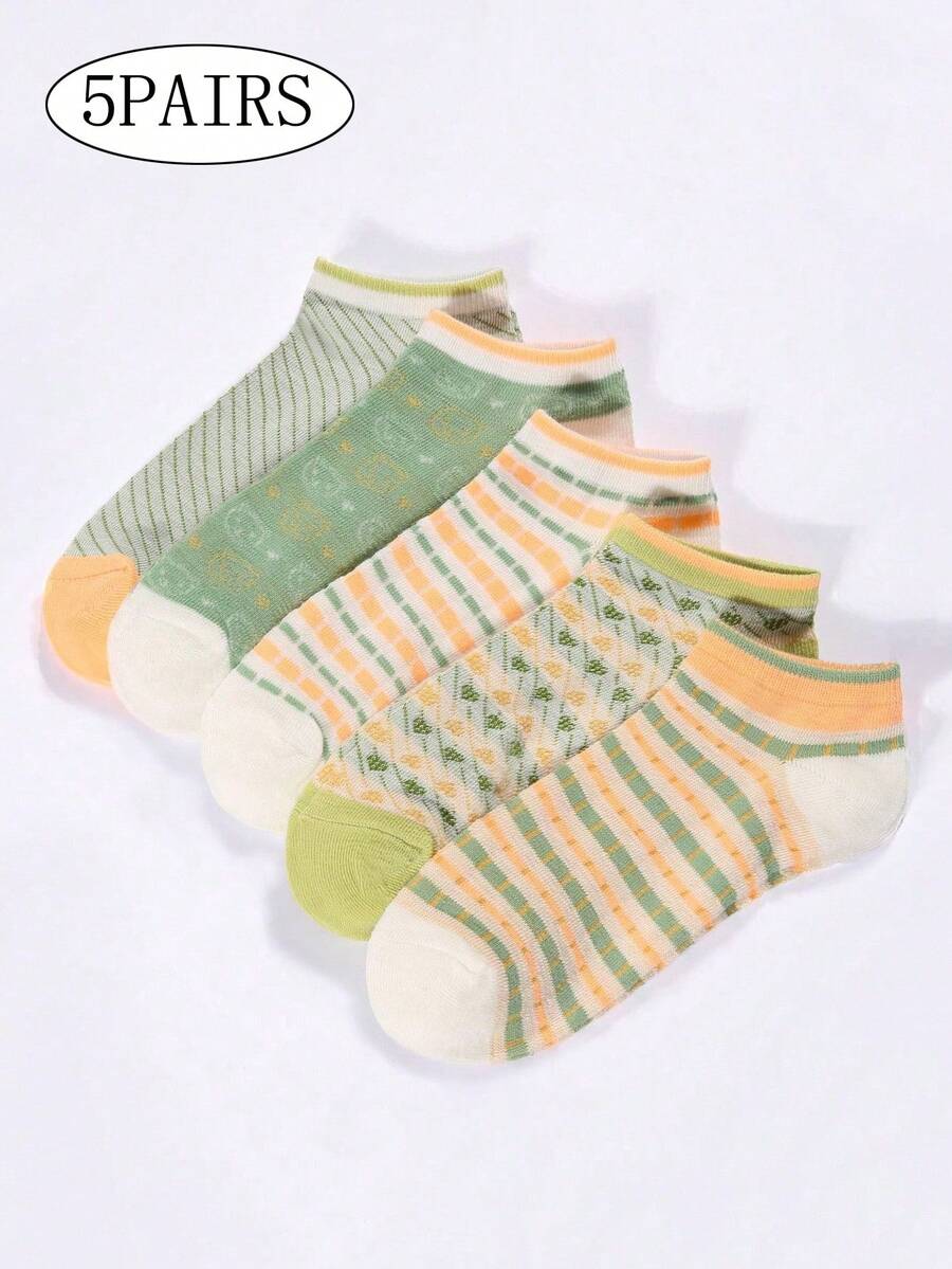 5 Pairs Pack Women's Summer Internet-Famous Ankle Socks, Low-Cut Shallow Mouth, Thin Style Ankle Socks - Multicolor - View 1
