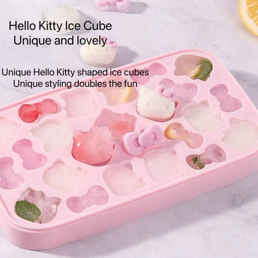 Sanrio 4PCS Sanrio Hello Kitty Covered Silicone Ice Tray - Cute Cartoon Cat And Bow Shaped, Flexible DIY Ice Mold, Suitable For Fun And Creative Snacks, Pink Ice Cubes, Suitable For Festivals And Special Occasions