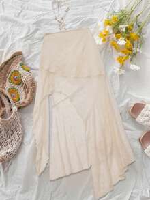 Women's Casual Solid Color Asymmetric Split Skirt With Tie Waist, Lightweight & Stylish, Suitable For Daily Wear, Music Festivals, Rock