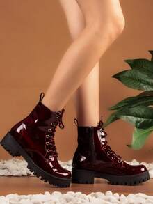 Botas de tacón medio para mujer, botas de tobillo de punta redonda - Botas cortas casuales con suela blanda y ligera, zapatos suaves y cómodos para mujer, botas con cordones y tacón grueso de estilo  Gótico  Vintage - Rojo violeta - Ver 3