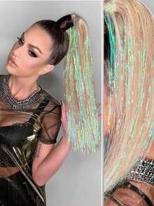 Fairy Tinsel Hair Extensions Holographic Hair Tinsel Heat Resistant Sparkling Hair Glitter For Christmas New Year Party - Brown - View 4