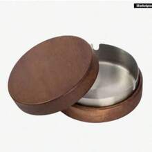 2 件胡桃木和不锈钢烟灰缸，圆形桌面带盖烟灰缸，防滑底座，防尘防风，便携，可拆卸，易于清洁，优雅的礼物，办公室和家庭的吸烟配件