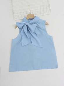 Elegant Sleeveless Neckline Ribbon Tied Design Versatile Summer Top - Blue - View 7
