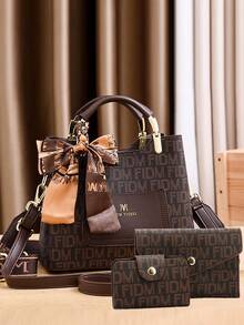 3 件套优雅女士手提包套装，几何印花仿皮手提包，配配套手拿包和钱包，金色金属配件，磁扣，仿皮衬里，仿皮边缘 - 金色 - 查看 14