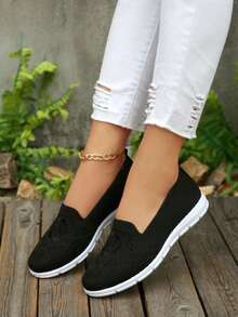 Giày lười đế bằng thêu thoáng khí mùa thu/đông, giày lười mũi tròn nhẹ màu nâu mới mùa hè, thời trang đa năng và thoải mái, giày thể thao dành cho nữ - màu đen - Xem 5