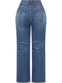 THUNDER Womens High Waisted Wide Leg Jeans Stretchy Distressed Pants - Blue - View 2