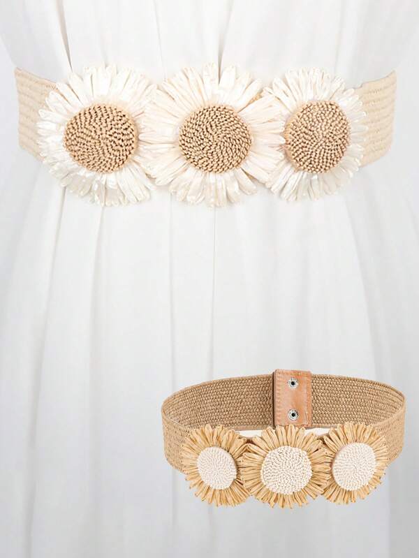 1pc Women's Elastic Faux Fur Floral Decor Loose Waist Belt, Versatile Resort Style