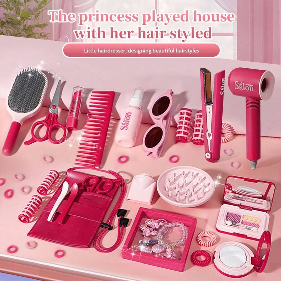 Kids Pretend Play Hairstylist Makeup Salon Toy Set, Girls Realistic Hairdryer, Curling Iron, Makeup Vanity Playset, Birthday Gift - Multicolor - View 1
